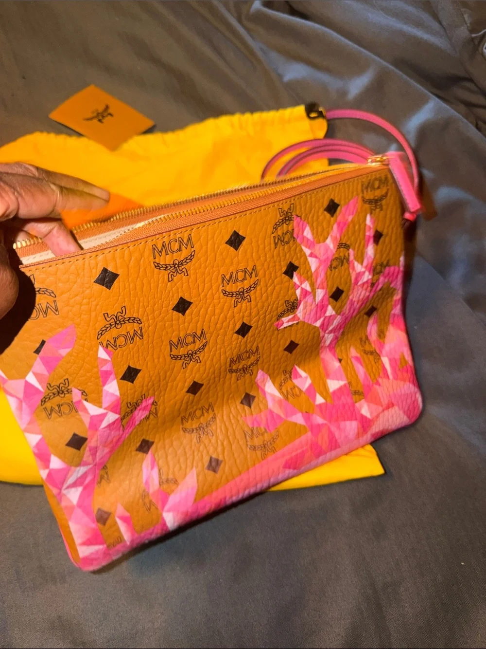 MCM Cognac Visetos Pink Coral-Print Zip Pouch with Pink Strap